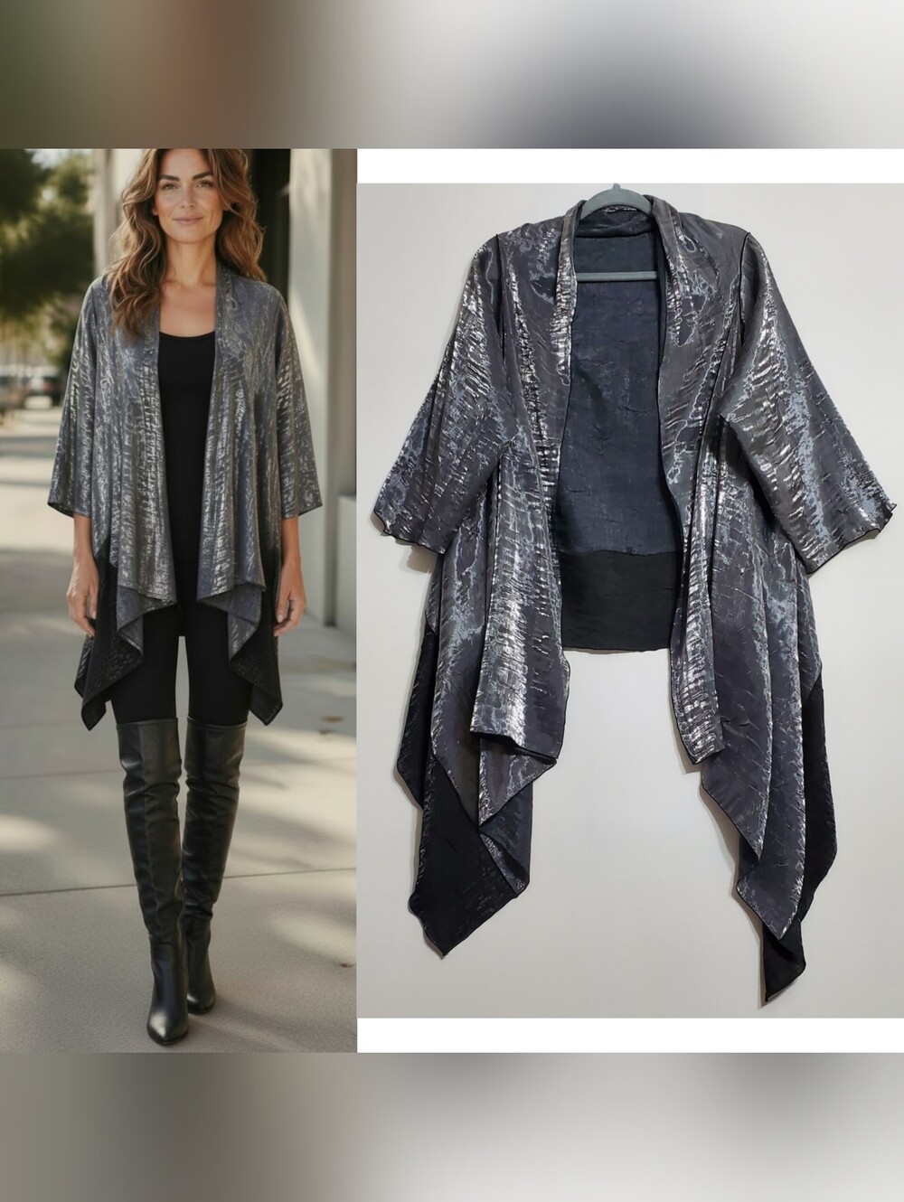 Caron Miller one size shimmery open front cardigan 3/4 sleeves silver luxury